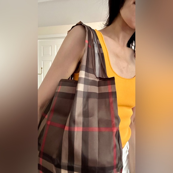 Dark Brown Checkered Shoppers Pocket Bag, library bag, school bag, carry on - Picture 2 of 5